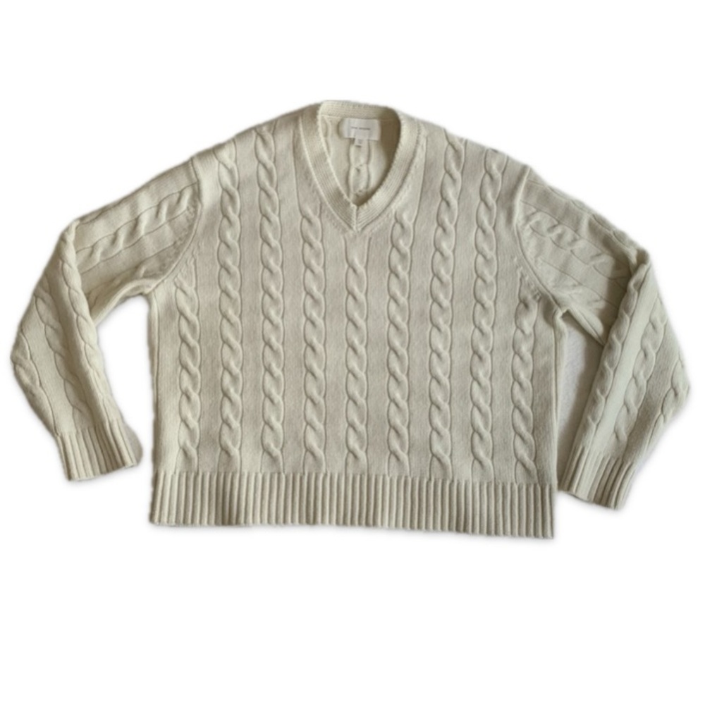 Zara Origins Cream V-Neck Cable Knit Sweater L